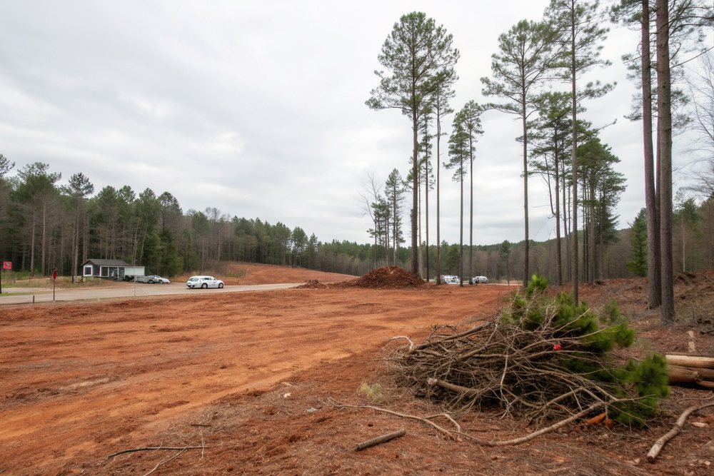 A freshly cleared red-clay lot with a brush pile at one edge and tall pines left standing