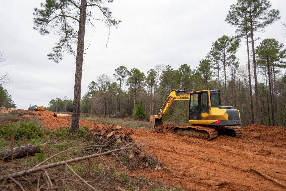 A mini excavator pulling stumps and brush on a partly cleared wooded lot