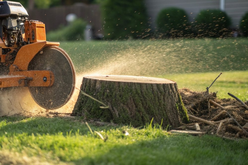 A stump grinder wheel cutting into a stump in a lawn, wood chips flying